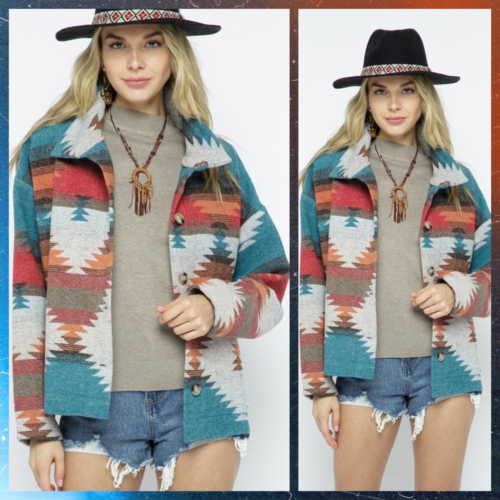 LUX BRAND Aztec Print Button Up Soft & Cozy Jacket W/Stand-Up Collar & Pockets - Picture 7 of 16